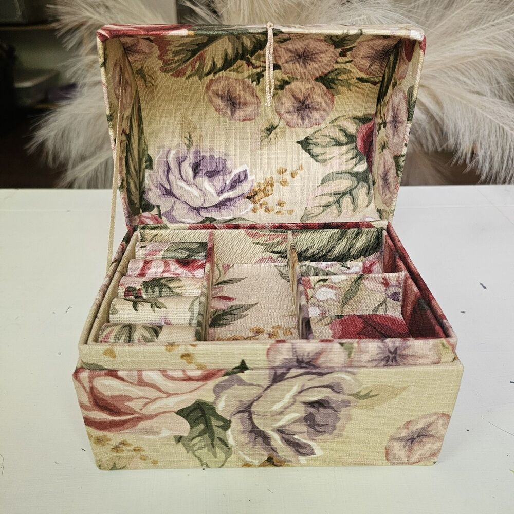 Gorgeous Decoline LA Vintage Style Floral Fabric Jewelry Box 2 Tier Organizer